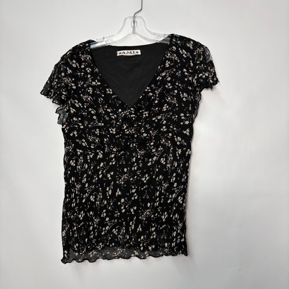 Vintage Black Floral Babydoll Flutter Sleeve Top Y2K Fairycore Lettuce Edge Hem